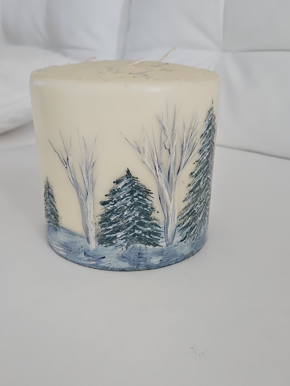 Hand-Painted Winter Forest Pine Pillar Candle - Ivory and Green